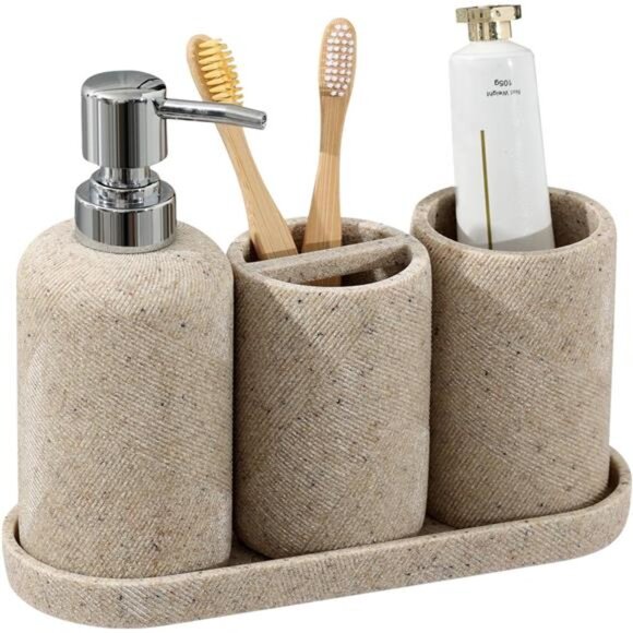 Bathroom Accessories Set 4 Pieces Soap Dispenser Toothbrush Holder Vanity Tray - Picture 1 of 7
